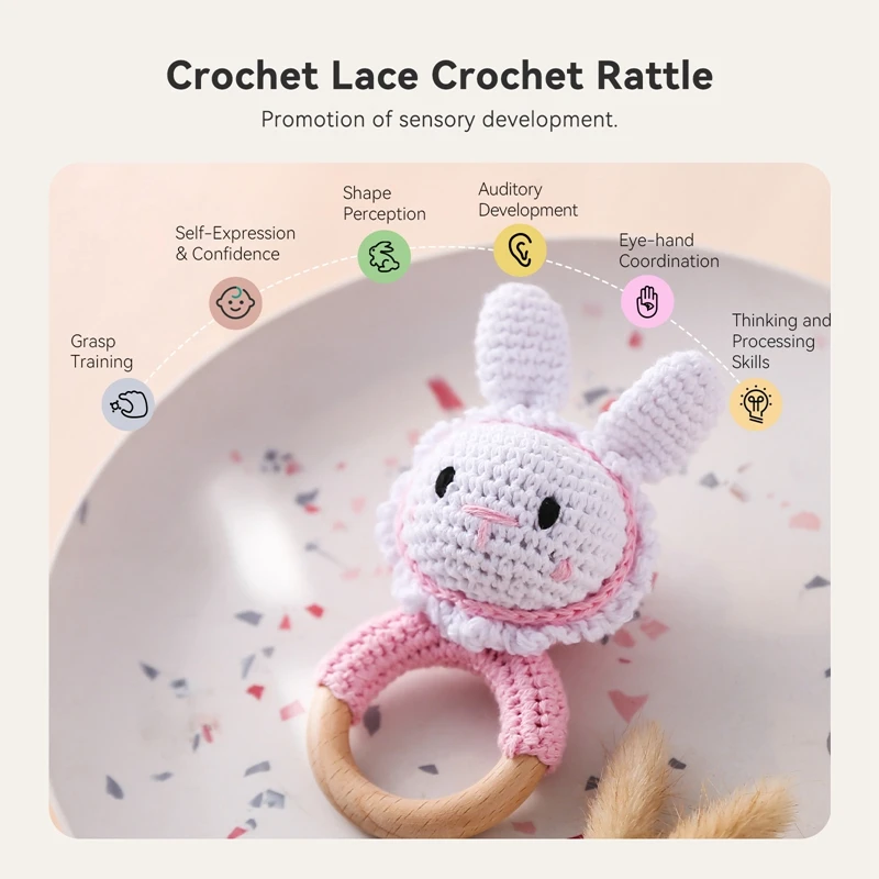 1PC Crochet Toy Animal Bunny Rattle Wooden Teether Ring Soother Bracelet Baby Product Mobile Pram Crib Wooden Toys Newborn Gifts