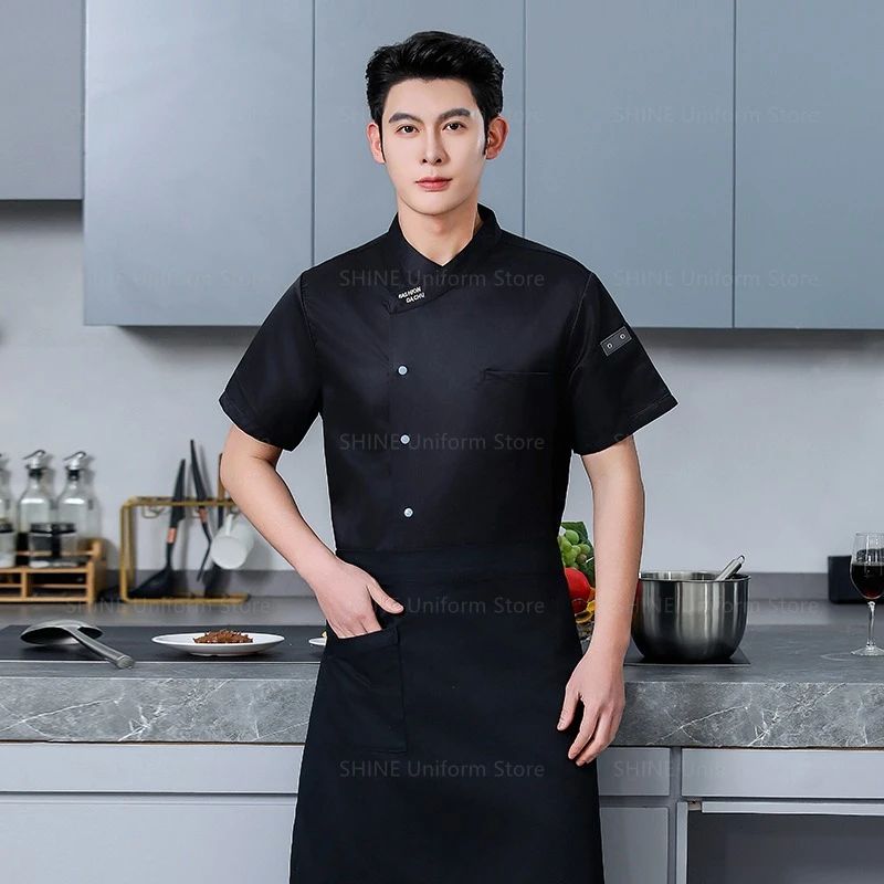 キッチンシェフ制服通気性レストランシェフコート男性半袖ジャケット白エプロン作業服ロゴシェフショーツ夏