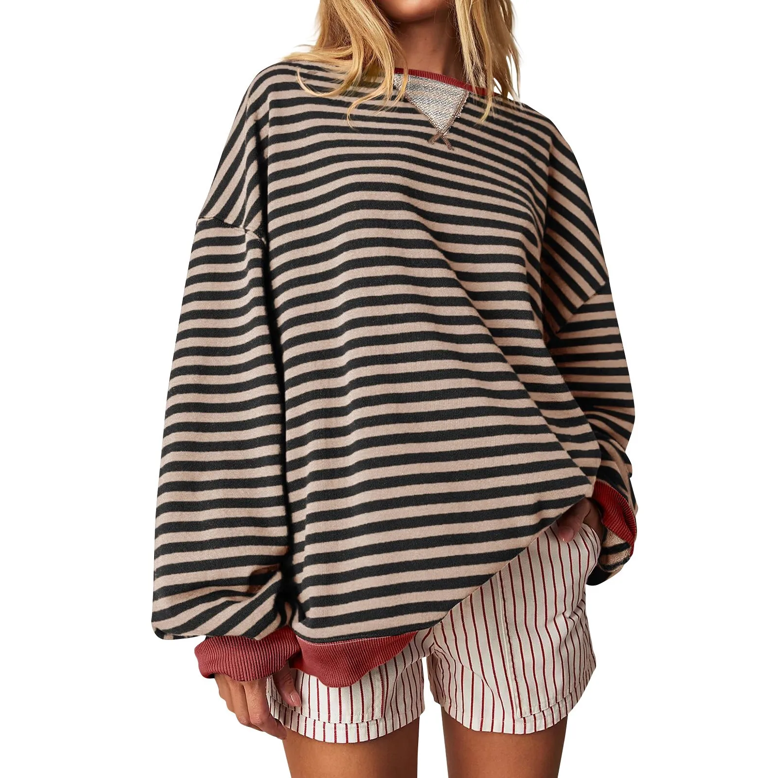 Women\'s Oversized Striped Color Blocking Long Sleeved Round Neck Sports Shirt Casual Loose Fitting Pullover Shirt Top