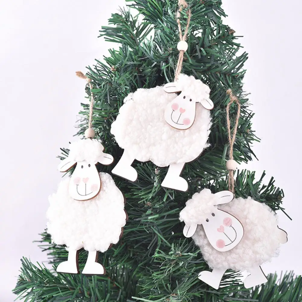 Sheep Charm Cartoon Exquisite Stitching Decorative Festival Prop Cotton Small Sheep Wooden Pendant For Easter Christmas Ornament