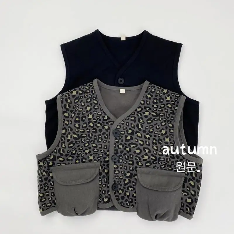 

2025 Autumn New Children Sleeveless Vest Fashion Leopard Print Boys Vintage Cargo Coat Cotton Kids Girls Casual Vest Jacket