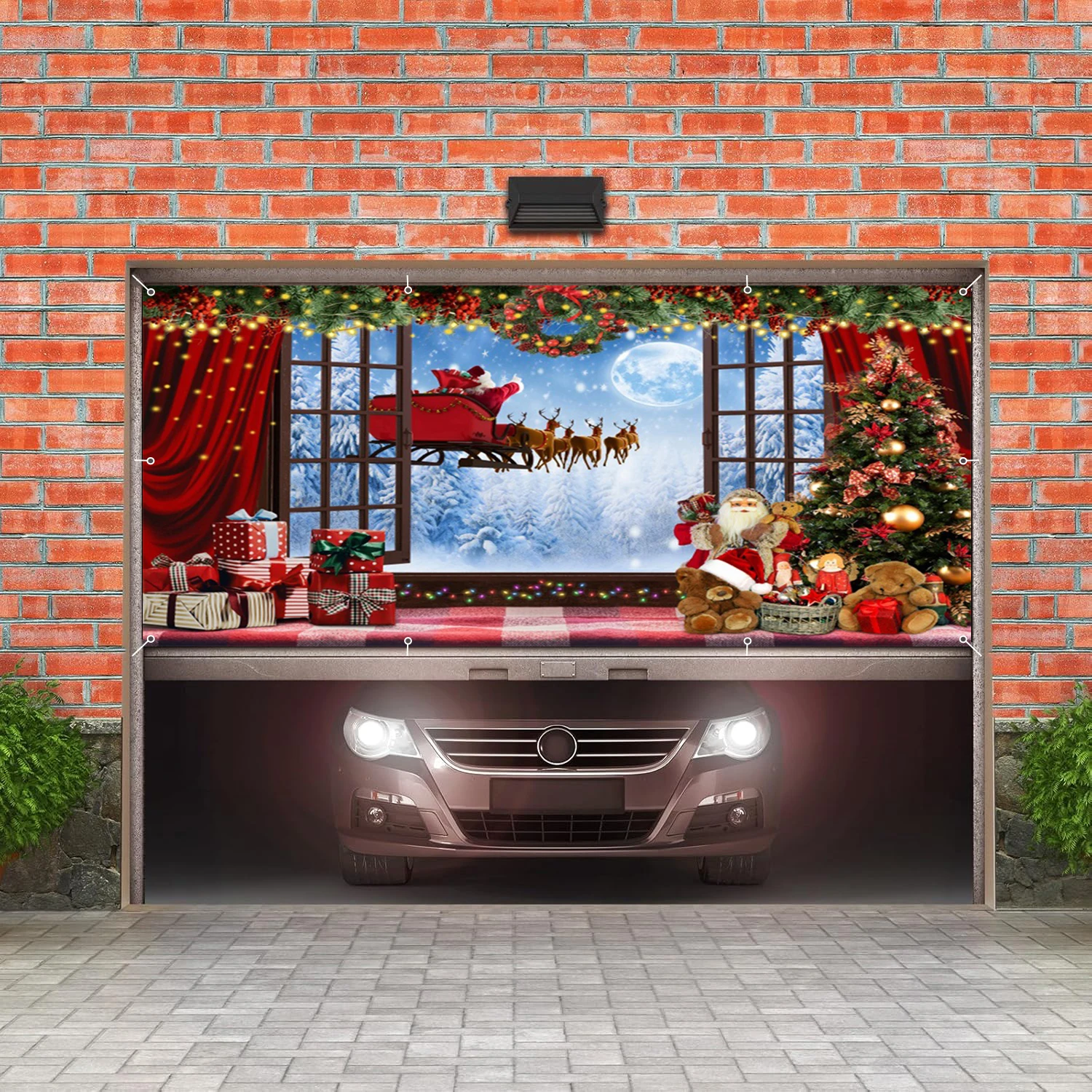 Christmas Red Curtain Garage Door Background Winter Snow Window Hanging Banner Xmas Tree Gifts Large Outdoor Garage Door Cover
