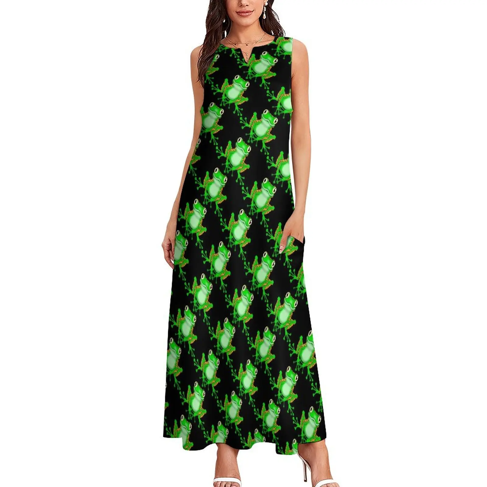 Funny Frog Dress Green Animal Print Elegant Maxi Dress Aesthetic Bohemia Long Dresses Summer V Neck Printed Clothes Big Size 5XL