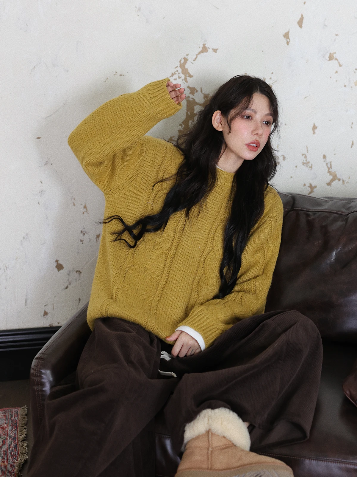 

DR Women's Thiened Autumn Winter Knitted Sweater round Ne Pullover Soft Fluffy Vintage Sle Versatile Slimming Top