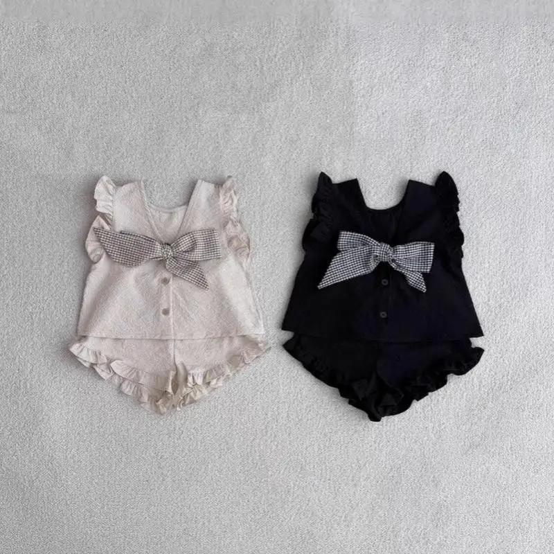 

2026 Summer New Baby Sleeveless Clothes Set Infant Girl Cute Bow Lace Vest + Shorts 2pcs Suit Cotton Toddler Solid Thin Outfits