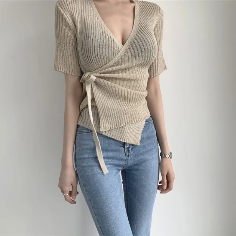 Deeptown Short Sleeve Criss Cross Women\'s Knit Cardigan V Neck Basis Knitwear Summer Korean Fashion Elegant Sweater Old Money