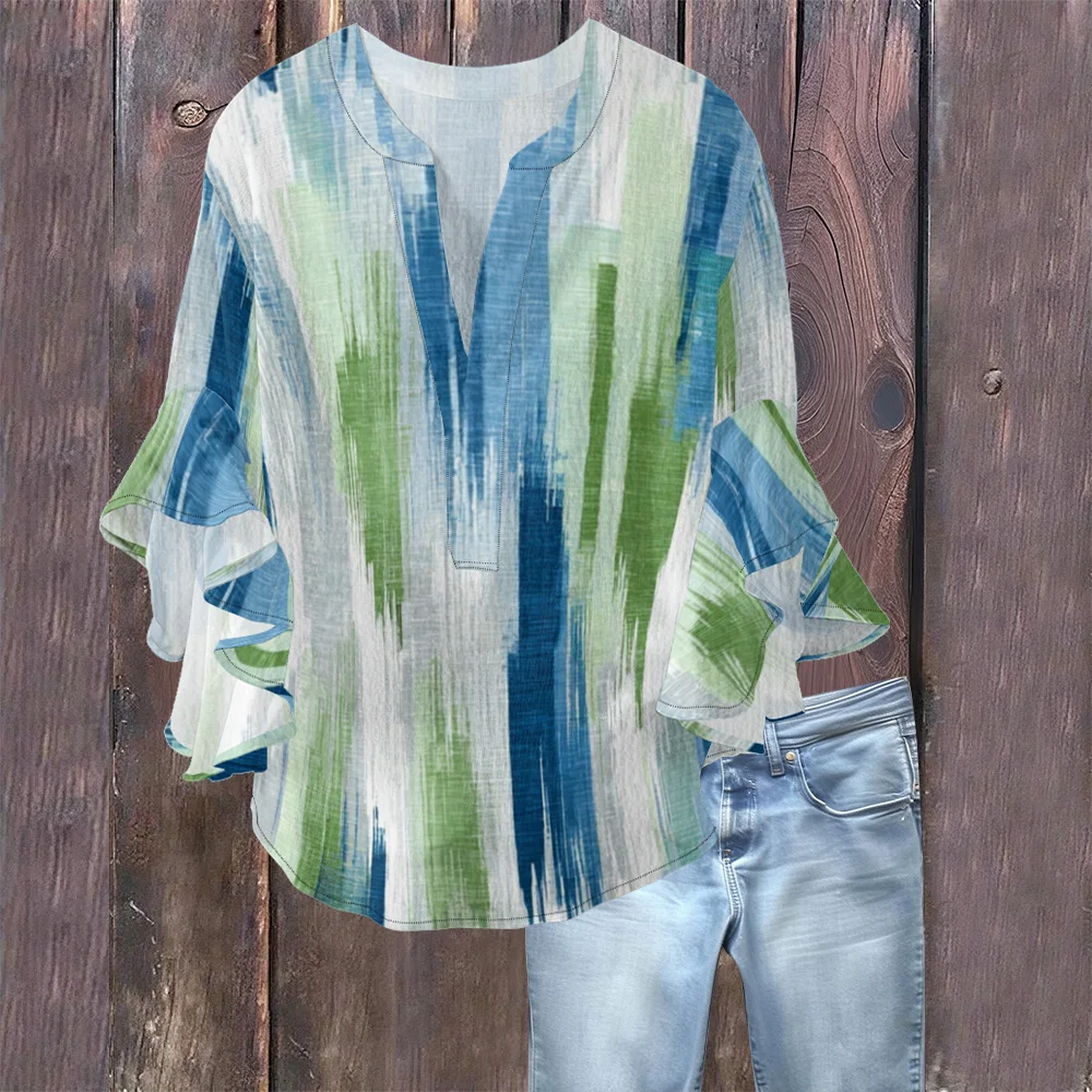 Sexual Intellectual Style V Neck Shirt Butterfly Sleeve Bubble Crease Fabric Women's Blouse Summer Casual Elegant Loose Fit Top