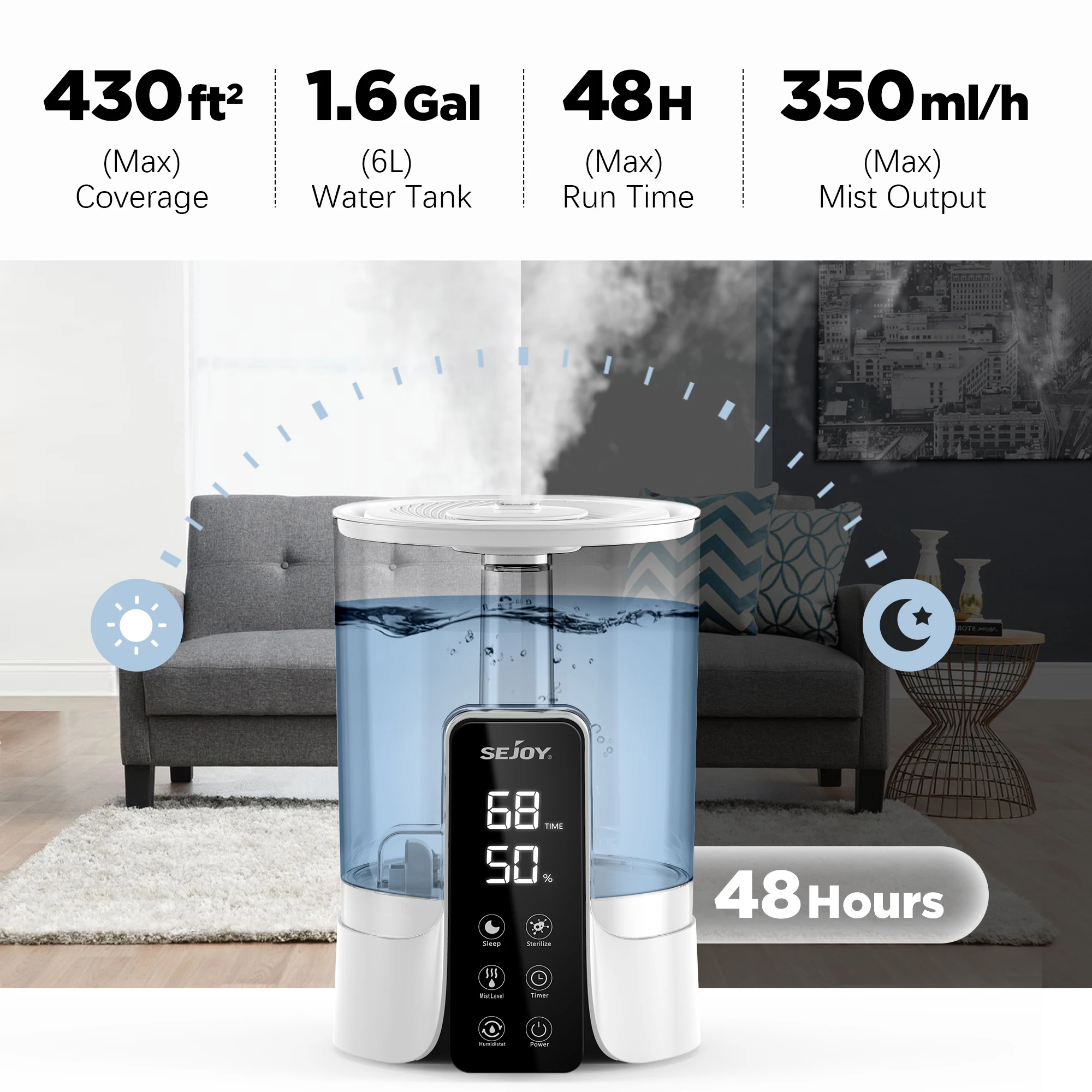 Umidificador de ar portátil para perfume, casa com LED, sincronização inteligente, display digital, umidificadores de mesa para quarto, 26db, 6L, 110-220V