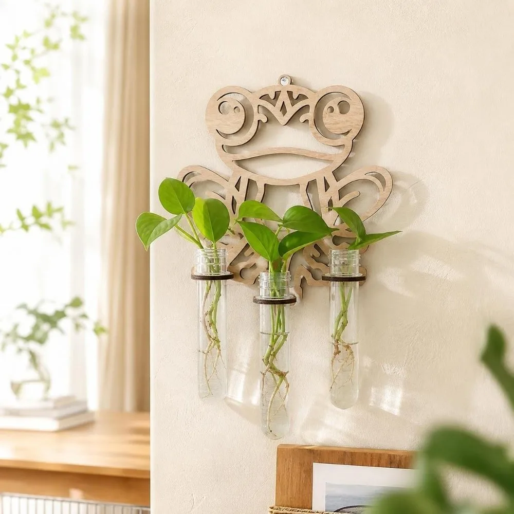 Wooden Hydroponic Planter Shelf Vase Home Ornaments Wall Mounted Planter Retro Hollow Out Wall