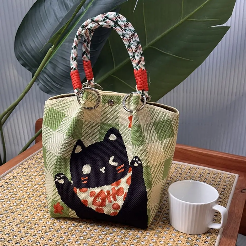 المحمولة القط محبوك حمل حقيبة مطبوعة الدب الكرتون محبوك حقيبة يد محفظة نسج الصوف دلو حقيبة أكياس التسوق