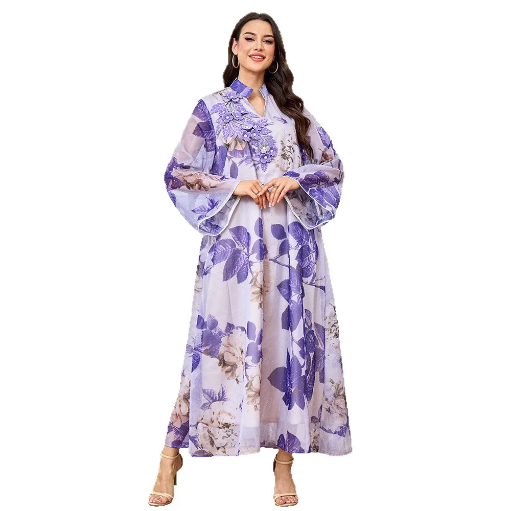 Oriente médio nova moda 2025 feminino roxo casual na moda solto diamante cravejado elegante decote em v manga longa tornozelo comprimento vestido