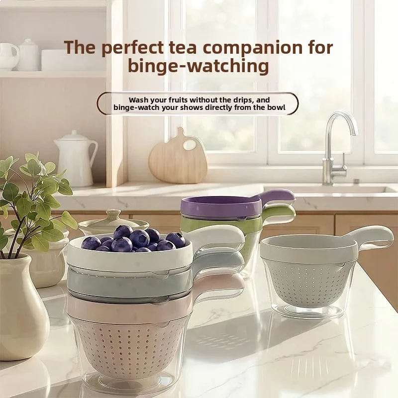 Macaron Double Layer Colander with Handle Fruit Washing Basket Blueberry Strainer Cute Kitchen Drainer