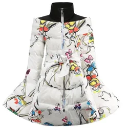 new long down stand printing waist bow children's winter clothing print kids winter coats down coats children outwear