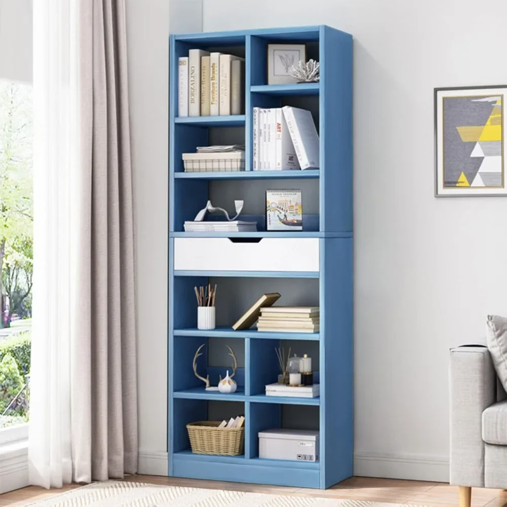 Wooden Open Shelf Bookcase - 71 Inches Tall Freestanding Display Storage Cabinet Organizer with 10 Cubes and A Drawer