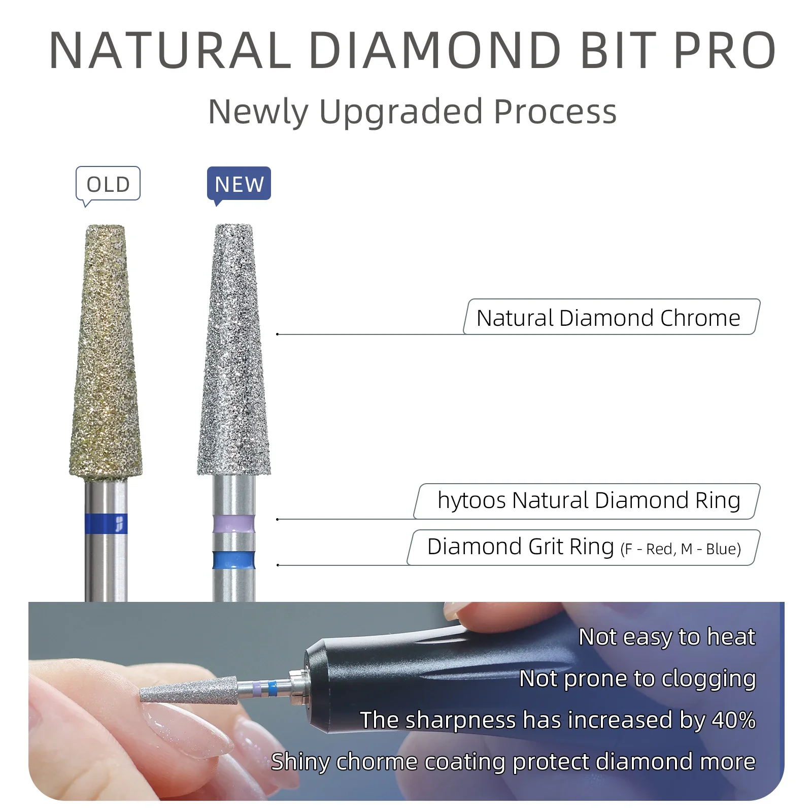 HYTOOS Long Tapered Natural Diamond Nail Drill Bits 4*13mm E File Bits for Nail Prep Cuticle Sidewalls Refining Manicure Tools