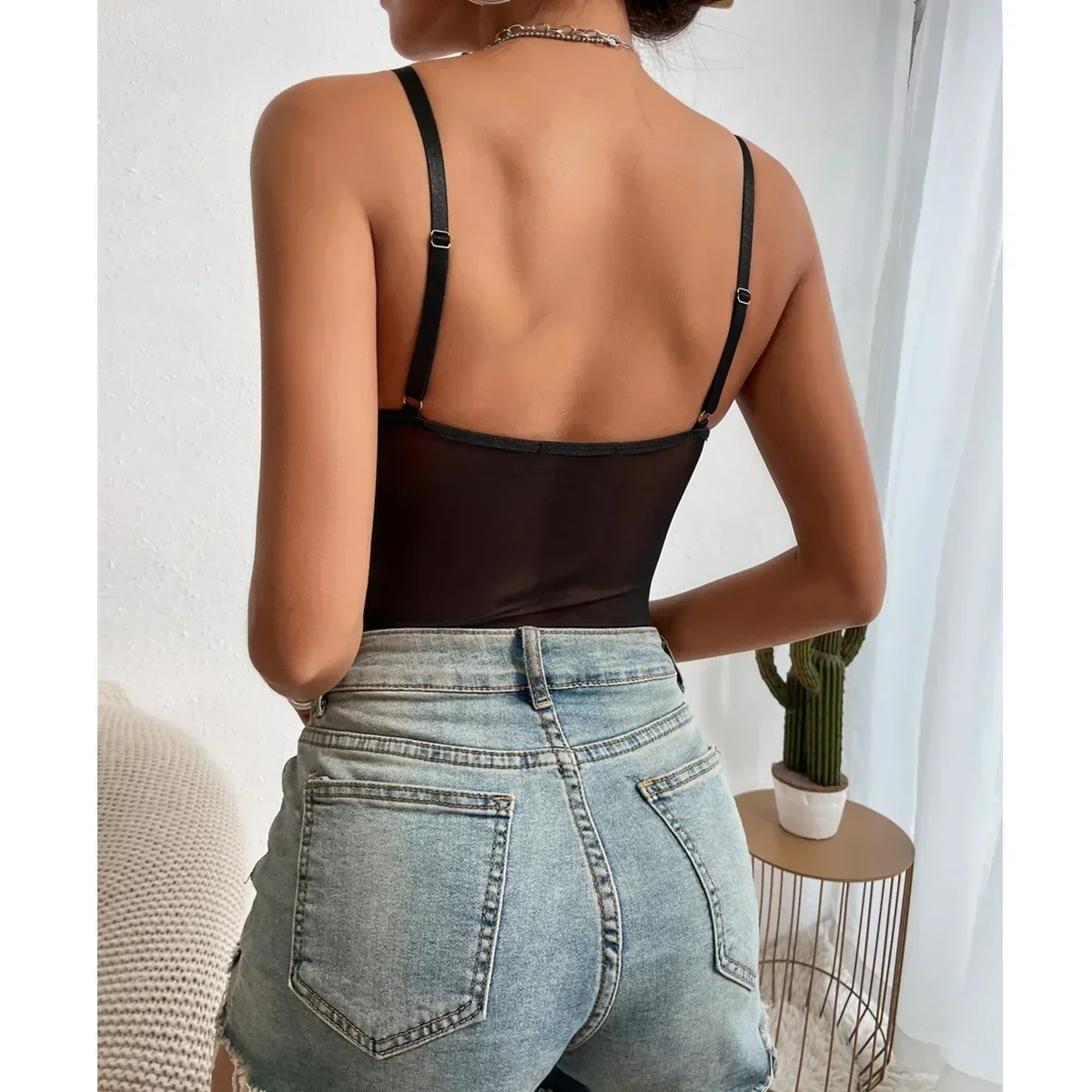 Black Skinny See Thorugh One Pieces Bodysuit for Women Sexy Adjustable Strap Padded Push Up Bra Romper Playsuits