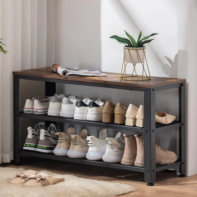 

Shoe Rack Bench,3-Tier 35.5 Inches Shoe Rack for Entryway with Long Seat and Metal Shelves for Garage, Industrial Storage Bench