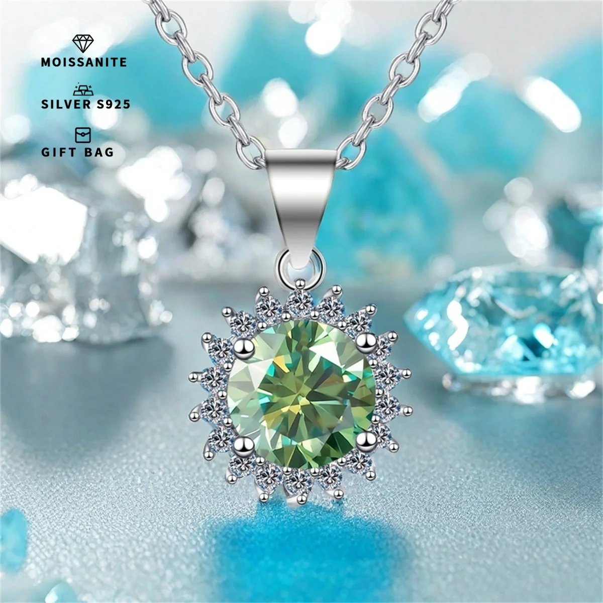 Light green Sunflower GRA moissanite Pendant S925 silver Platinum plating Charm Party Wedding Pendants Necklace Women Jewelry