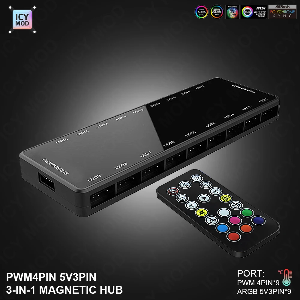

PWM 4PIN Temperature Sensor Controller A-RGB 5V3PIN AURA SYNC Magnetic Hub Multi-function 3-in-1 Magic Fan Speed Controller