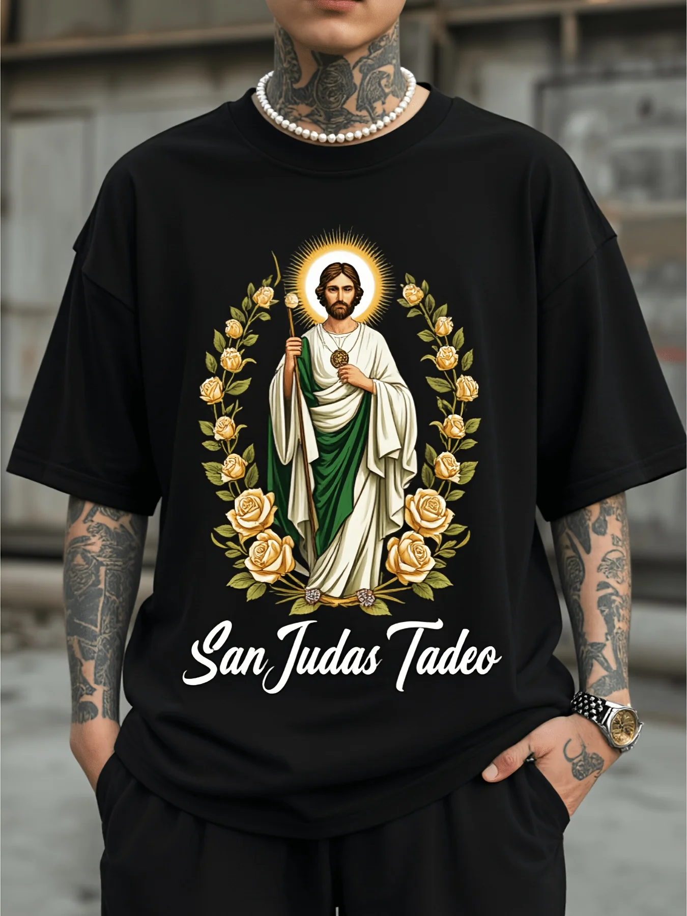Saint Religious T-Shirt for Men Short Sleeve Crew Neck Premium   Graphic Print San Judas Tadeo with Roses And Holy Light Catholic Confirmation Gift Streetwear
