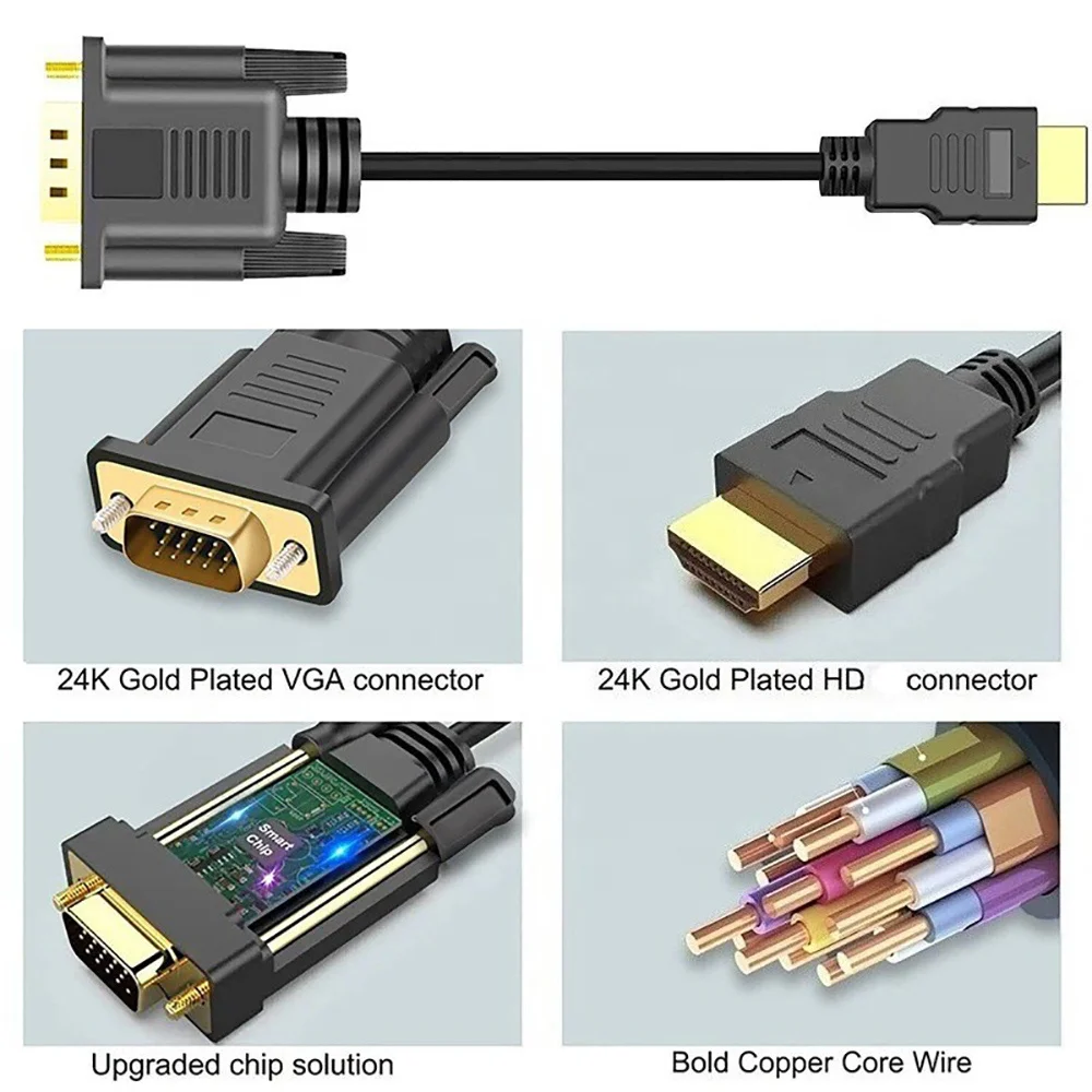1.8m HDTV Male to VGA Male Adapter Cable hdmi Compatible 1080P 60Hz Full HD Video Converter Cord for Laptop PC Monitor Projector