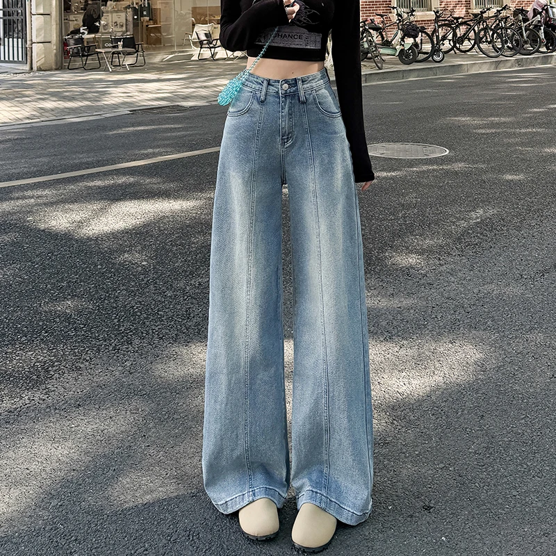 High Waist Wide-leg Jeans for Women Spring Summer Loose Straight Trousers Elastic Korean Clothes Denim Street Wear Capris Pants