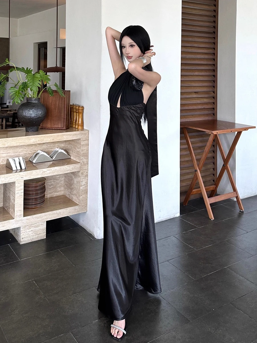 RORORIRI Abito lungo da donna con scollo all'americana fluido e cut-out sexy Abito da sera vintage in un unico pezzo con spalle scoperte in raso nero