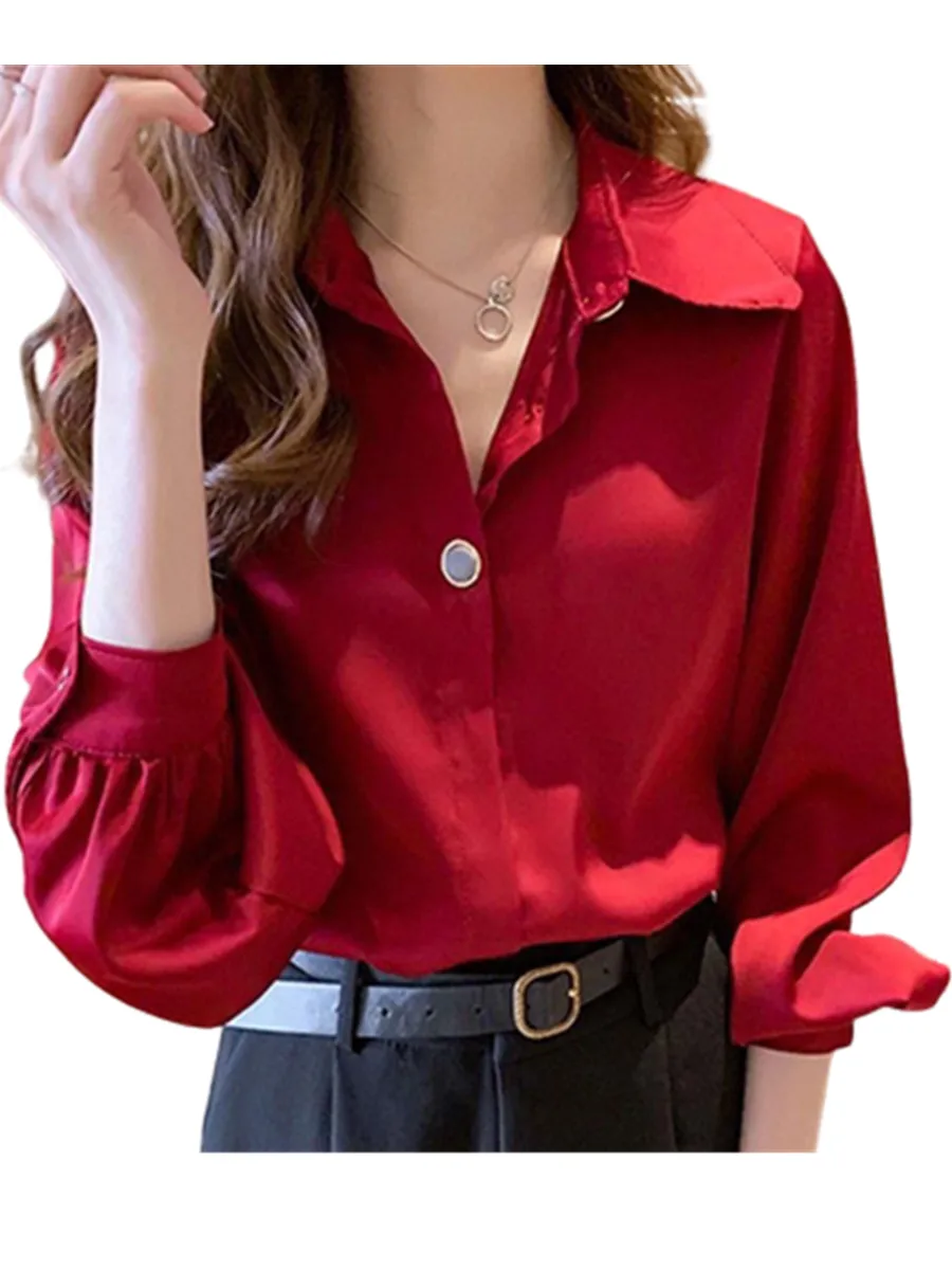 Women Spring Summer Blouses Shirts Lady Fashion Casual LongSleeve Turn-down Solid Color Business Attire Blusas Tops WY0284