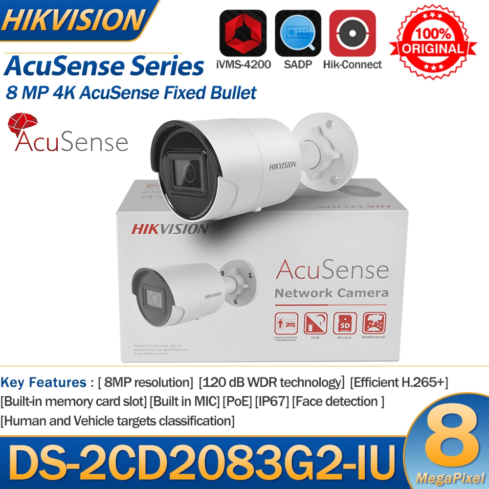 

Hikvision IP Camera 8MP DS-2CD2083G2-IU 4K Acusense IR POE Bullet Human Vehicle Classification Built-in Mic SD Card Slot IP67