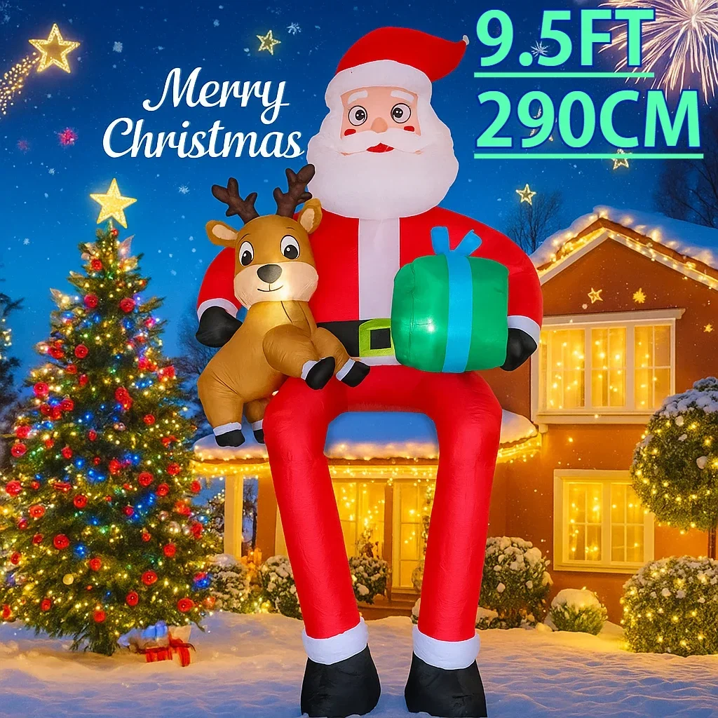 9.5FT/2.9M Christmas Inflatable Model Toy LED Light Up Santa Sitting on Chimney with Reindeer Gift Box Outdoor Yard Xmas Decor