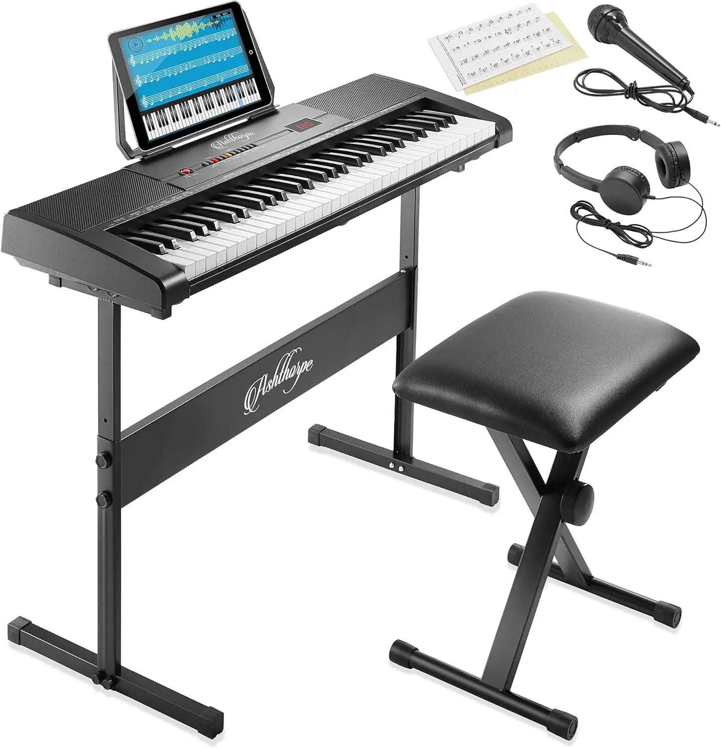 61-Key Digital Electronic Keyboard Piano, Beginner Kit with Stand, Bench, Headphones, Mic and Keynote Stickers