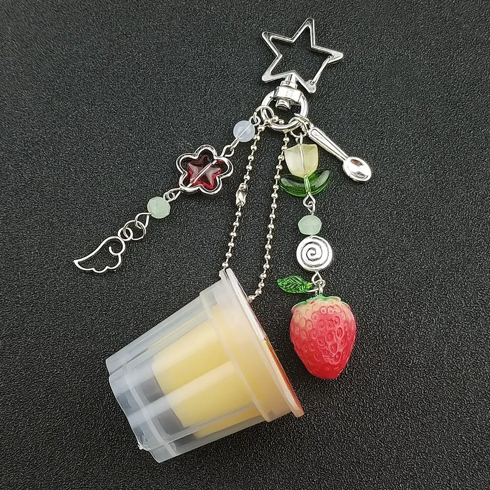 Heisei Retro Japanese Pudding Keychain Strawberry Tulip Bag Decoration Y2K Pendant Beaded Kawaii Colorful Beads Egg Flan Charm