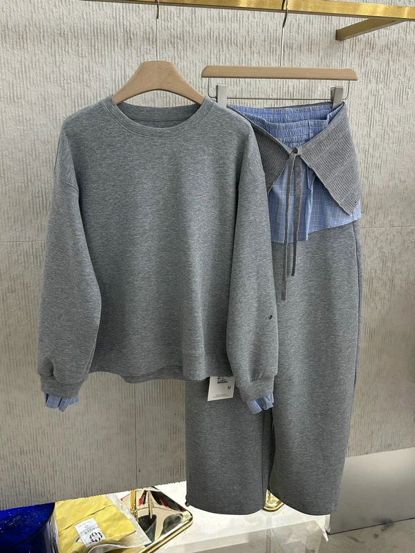 

Korean Style round Neck Sweatshirt Three-Piece Set Casual Versatile Plaid Trousers Fashionable Women's Trendy Spring Outfit