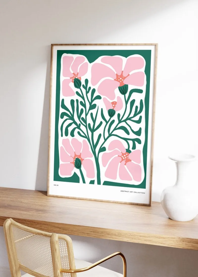 Flower Botanical Print, Abstract Floral Wall Art, Modern Pink and Green Prints, Retro Flower Market Print, Colorful Poster