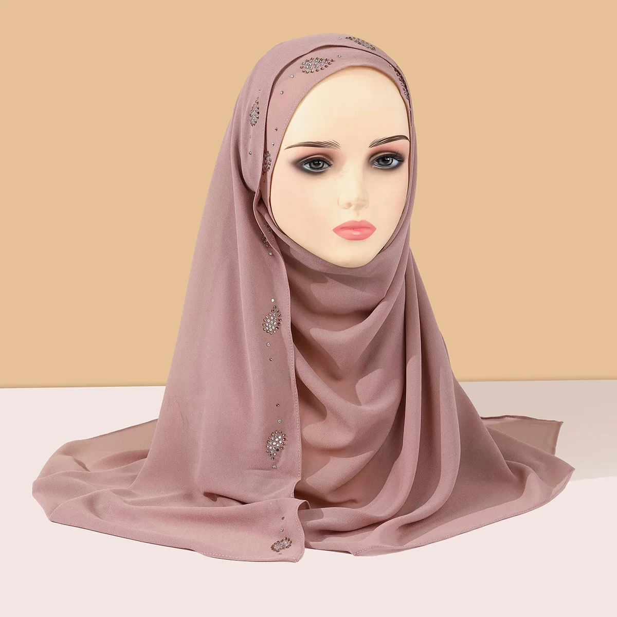 

2024 Summer New Middle East Malaysia Headscarf Solid Color Chiffon Hot Diamond Hidden Buckle Towel