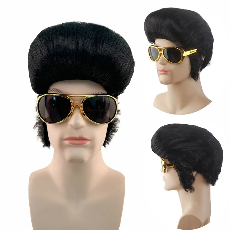 Rock and Roll Elvis Presley Cosplay Wig Daily Wear Melt Fibers Masquerade Party Stage Performance Black Short Hair