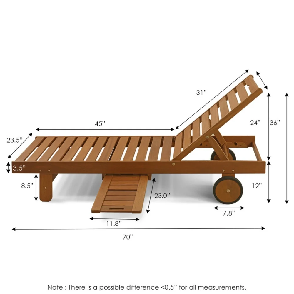 Outdoor-Chaiselounge, malaysische Hartholz-Liege mit Seitentablett, Snacks, Getränke, Entspannung, Innen- und Außenbereich