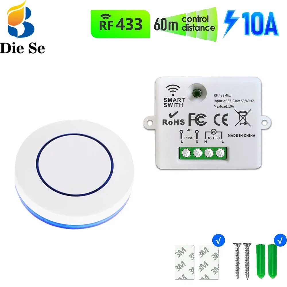 433MHz Wireless Relay Light Switch Remote Control Receiver AC 110V 220V 10A and RF Push Button Round Transmitter for LED Light