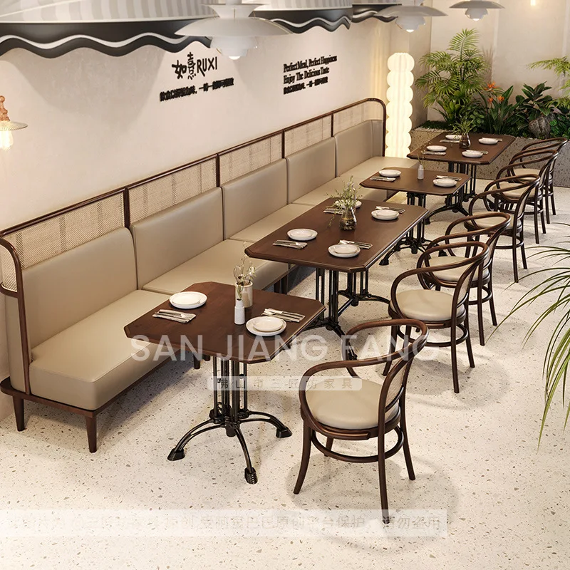 Solid wood retro tea restaurant booth sofa pub dining bar restaurant catering rattan dining table and chair combination commerci