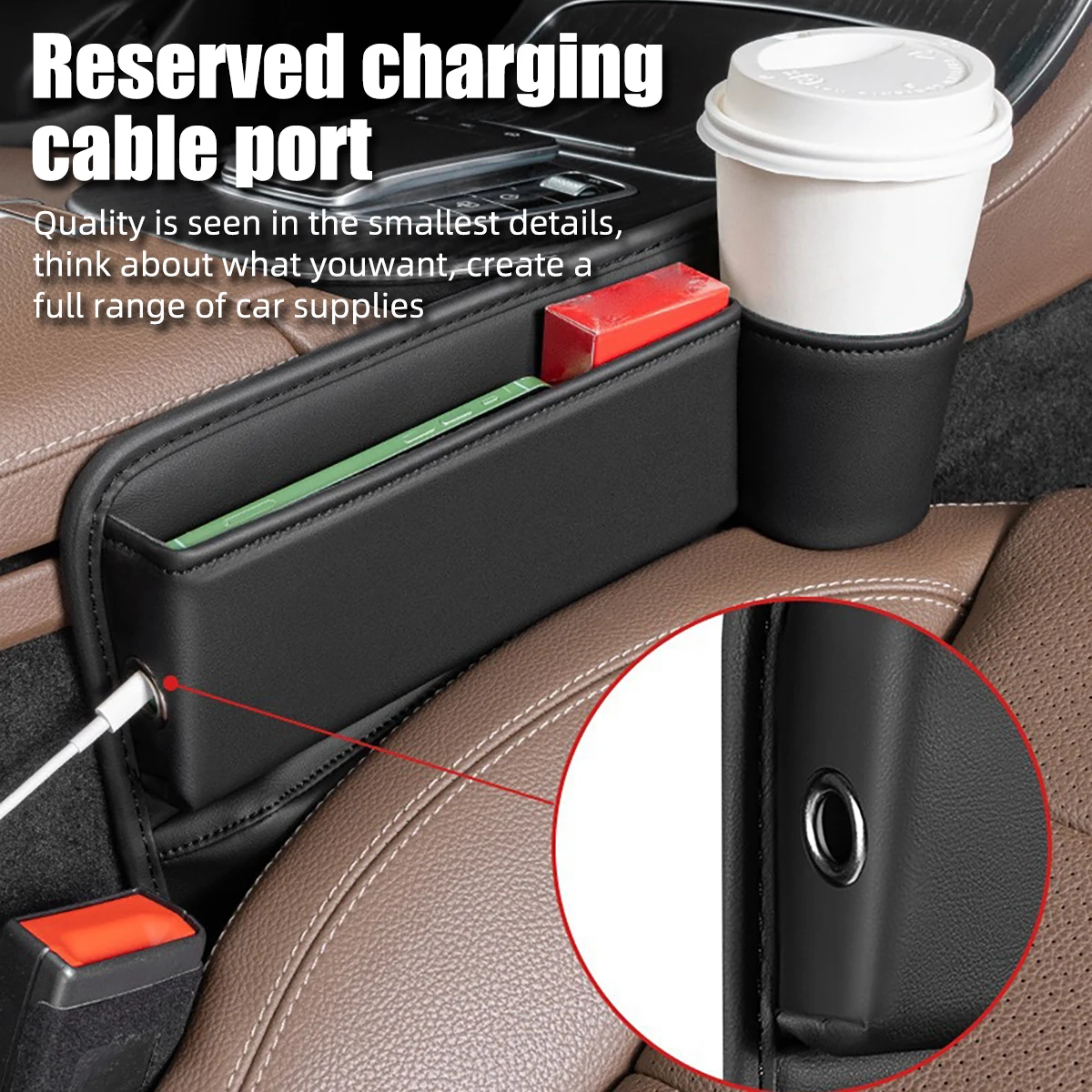 Universal Car Seat Gap Organizer Storage Box Multifunction Leather Crevice Side Storage Pocket Wallet Keys Card with Cup Holder view 3
