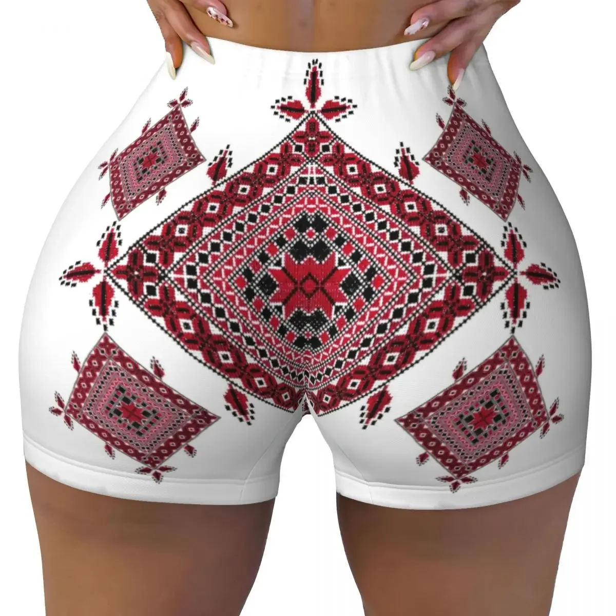 Celana Pendek Latihan Lari Pengendara Sepeda Pola Tradisional Keffiyeh Arab Kustom untuk Wanita Celana Pendek Yoga Gym Atletik Seni Tatreez