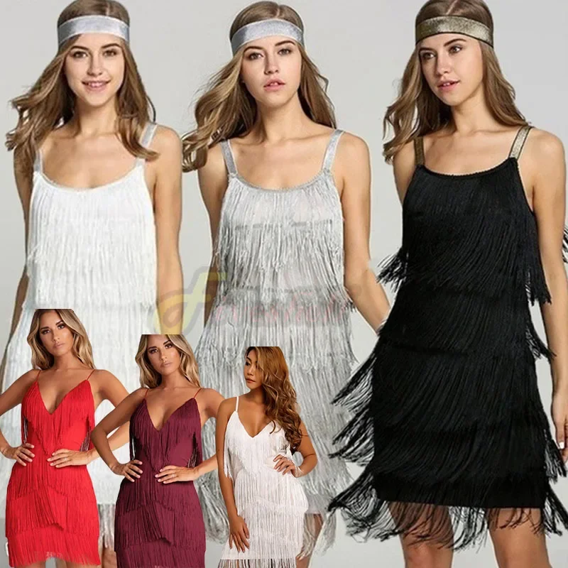 

Women's Sexy Party Ball Fringe 1920s Flapper Costume Dress Tassels Hem Gatsby Dress With Headband Halloween Cosplay Robe