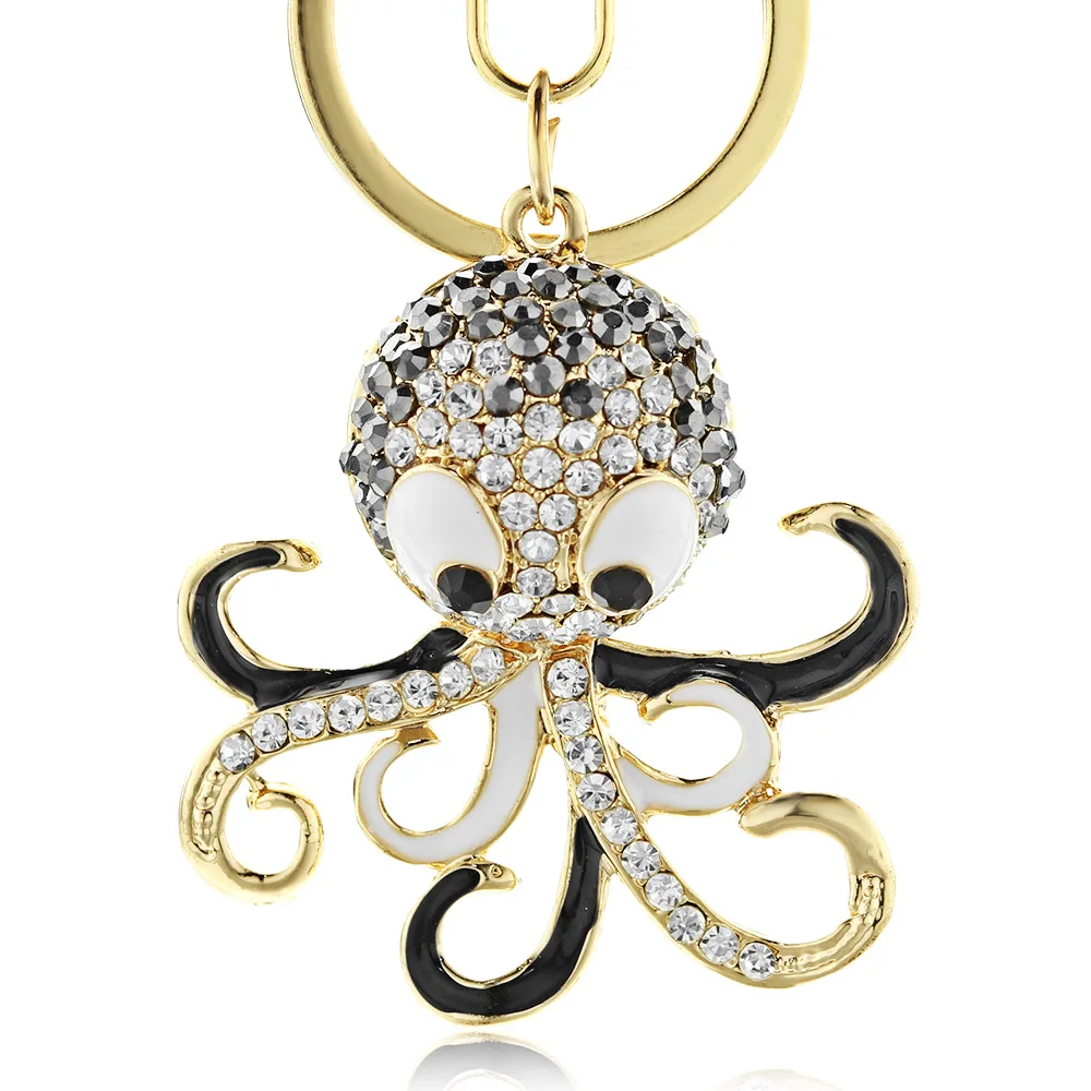 Dalaful Cute Octopus Keychain Keyring Crystal Ocean Animal Purse Handbag Bags Pendant Key Chain Ring Holder For Car Women K377