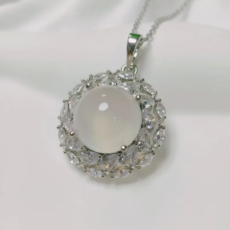 Ice pink chalcedony pendant, 925 silver-plated, inlaid with diamonds, hydrangea green chalcedony pendant, niche jewelry