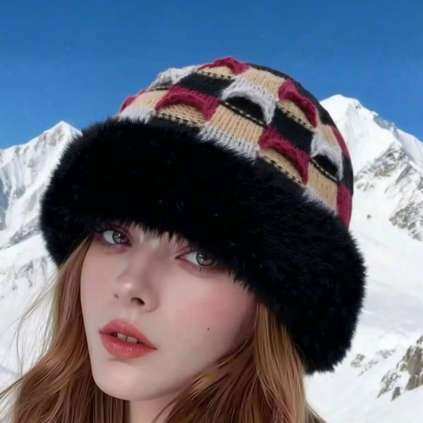 Plaid Pattern Ear Cover Knitted Beanie, Winter Warm Slim Face Woolen Cap for Cycling Outdoor Commute Daily Casual Wear