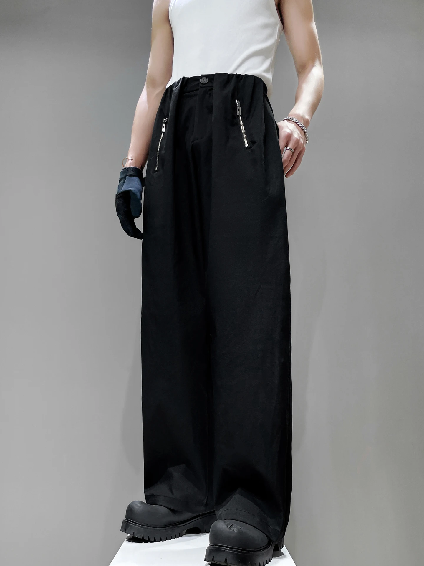 

Loose Bla Workwear Pants Men's Zipper Pleated Splicing Design Straight Leg Long Pants Wide Leg Casual Pants Youth Sle