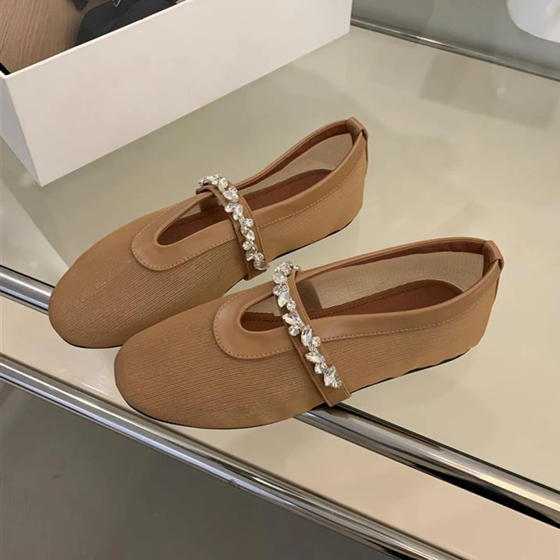 Round Toe Rhinestone Decor Mary Jane Shoes Women Mesh Breathable Ballet Shoes Spring Autumn Vacation Flat Bottom Single Shoes