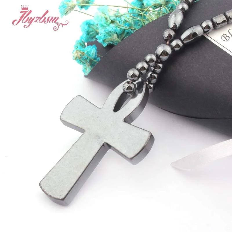 4x5mm Column Black Hematite Promote Blood Circulation Energy Healing Stone Heart Cross Pendant Necklace Jewelry Magnet Clasp 17\