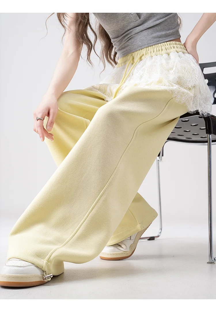 Lace Fart Curtain Splicing Wide-leg Pants Women's High-waisted Drawstring Tied Feet Straight Casual Sports Sweatpants