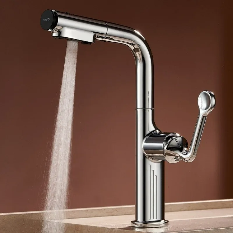 

Brass Pull Out Kitchen Sink Faucets Upgradable To Third Gear Switching Mode Adjustable Height Hot and Cold Water
